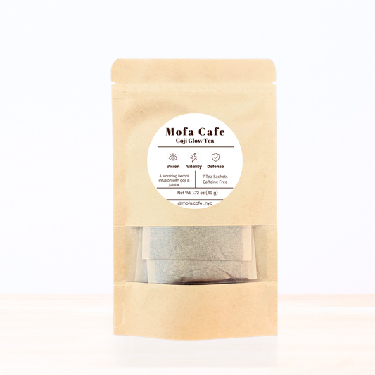 The packaging front of Goji Glow Tea